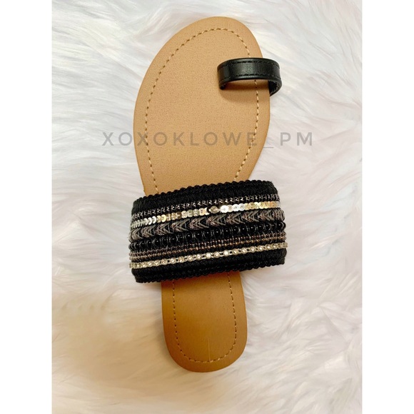 Black + Silver Boho Embellished Toe Ring Slide Sandal Size 5.5 & 6 - Picture 6 of 10